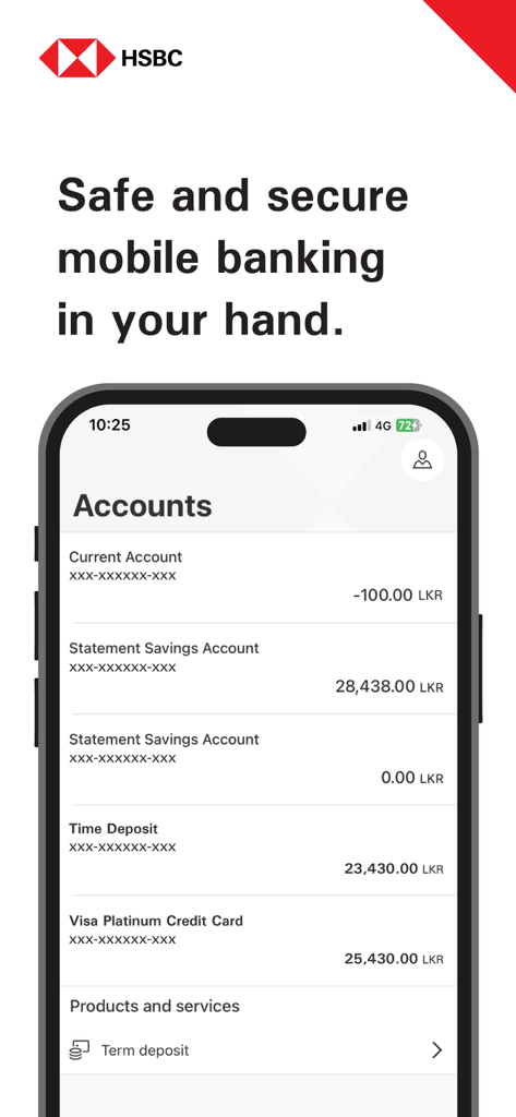 HSBC Sri Lanka - Panel de la aplicación de banca móvil de HSBC Sri Lanka mostrando saldos de cuentas