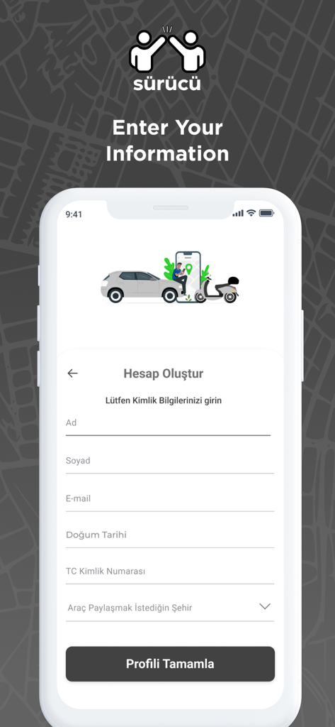 TAG Sürücü - Pantalla de registro de la aplicación del conductor TAG Surucu con un formulario para ingresar información personal y del vehículo
