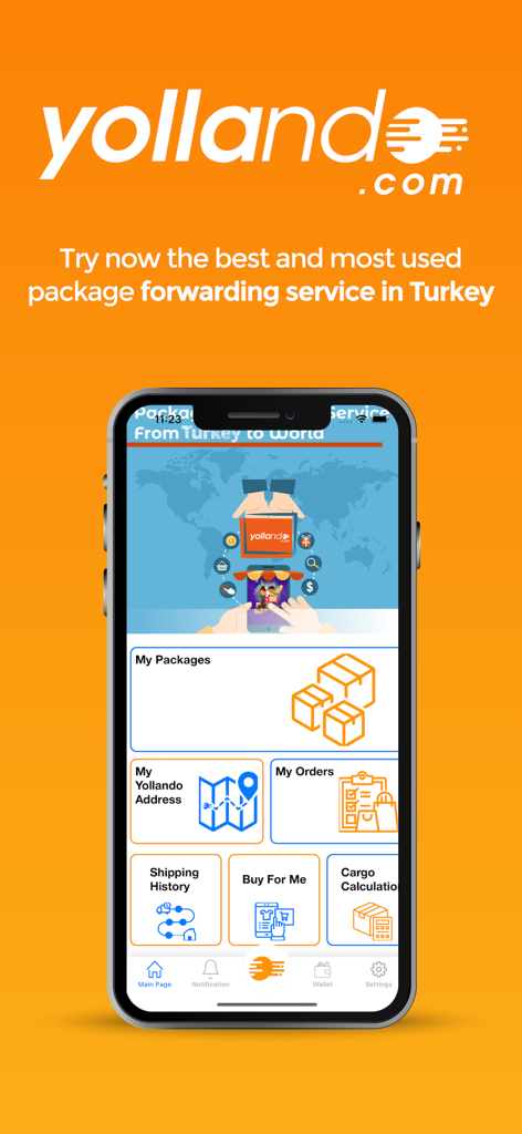 Yollando Global Shopping - Yollando app home screen showing shopping and package forwarding services from Turkey.