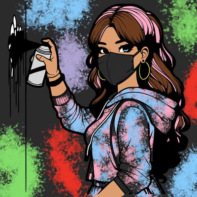 realistic girl with mask spray painting a wall