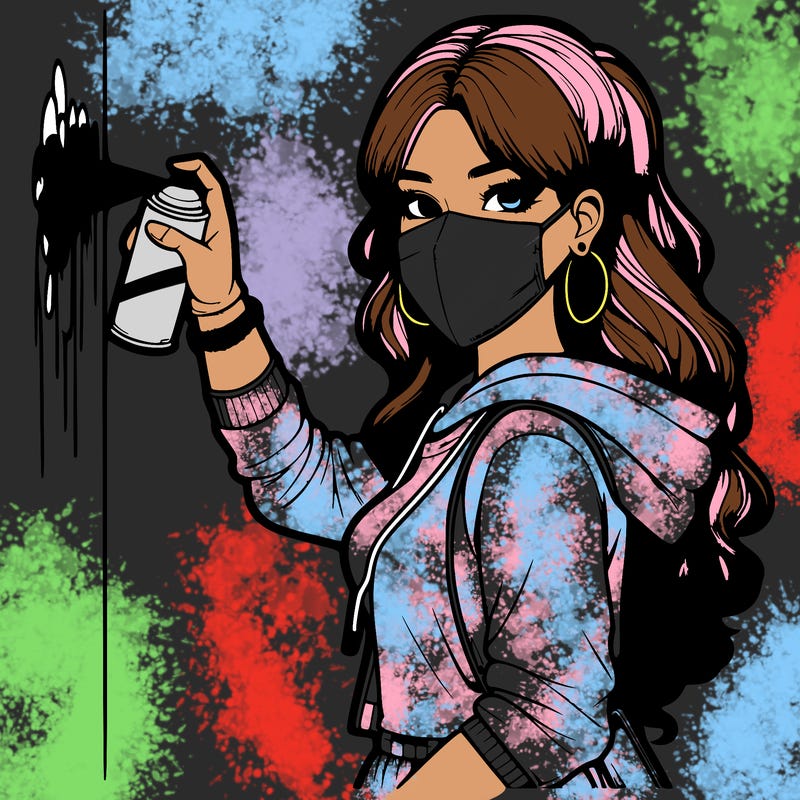 realistic girl with mask spray painting a wall