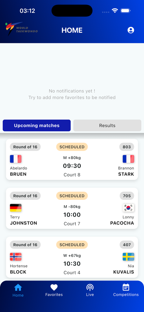 Écran d'accueil de l'application World Taekwondo Competitions montrant un calendrier des prochains matchs avec les noms des athlètes et les drapeaux.