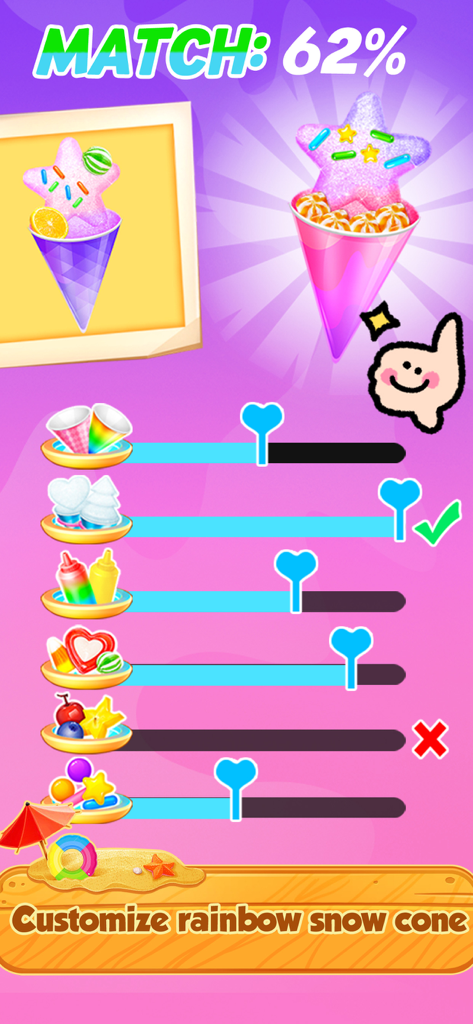 Game screen displaying a match percentage for a decorated star shaped snow cone