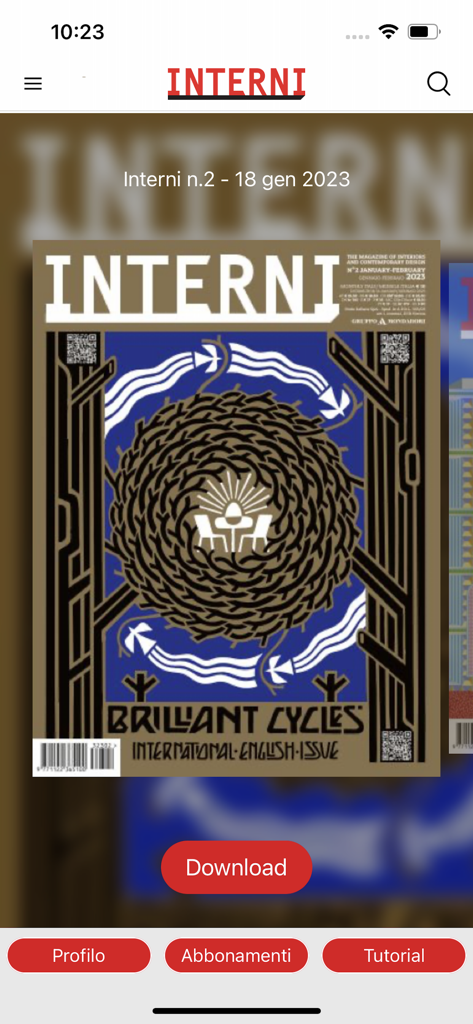 INTERNI - 赤色のダウンロードボタンが表示されたBrilliant Cycles国際版の表紙を特徴とするINTERNIデザイン雑誌アプリインターフェース