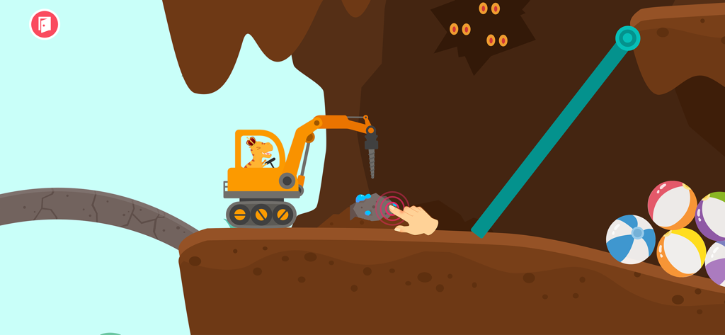 Dinosaur Digger Excavator Game - A dinosaur operating an orange excavator with a drill to break rocks inside a cave