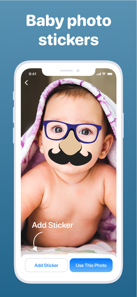 Interface para adicionar adesivos divertidos às fotos do bebê no aplicativo rastreador de bebê