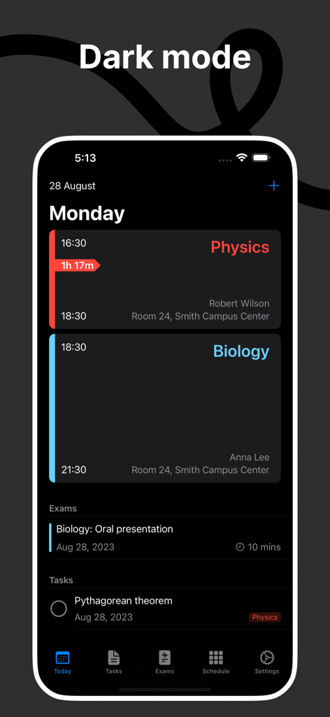 InClass - School Planner - InClass school planner app interface in dark mode displaying a daily schedule with color-coded classes, upcoming exams, and tasks.