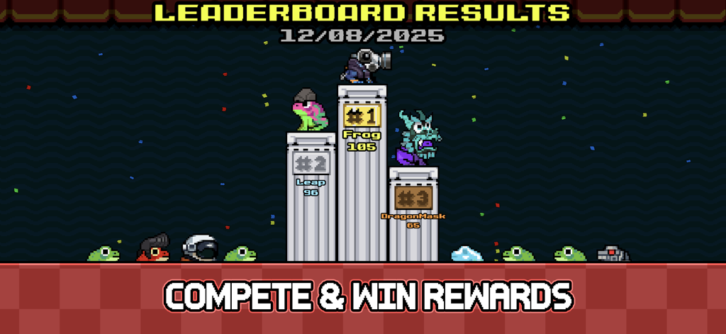 Una pantalla de resultados de tabla de clasificación en Samago que muestra personajes de ranas personalizados en un podio para una competencia de desafío diario