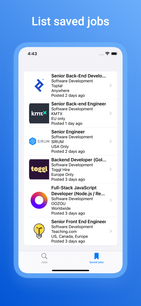 Elenco di annunci di lavoro da remoto salvati per sviluppatori e ingegneri nell'app mobile Remoti.