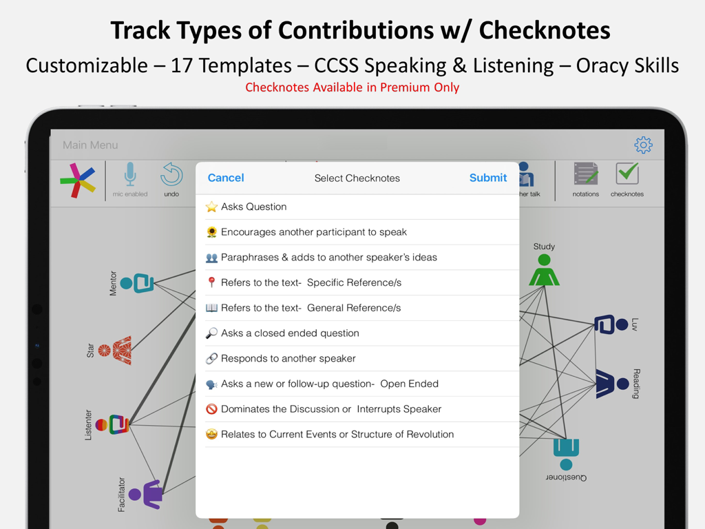 O menu Selecionar Notas de Verificação no aplicativo Equity Maps Premium mostrando opções para rastrear tipos de contribuição do aluno durante uma discussão