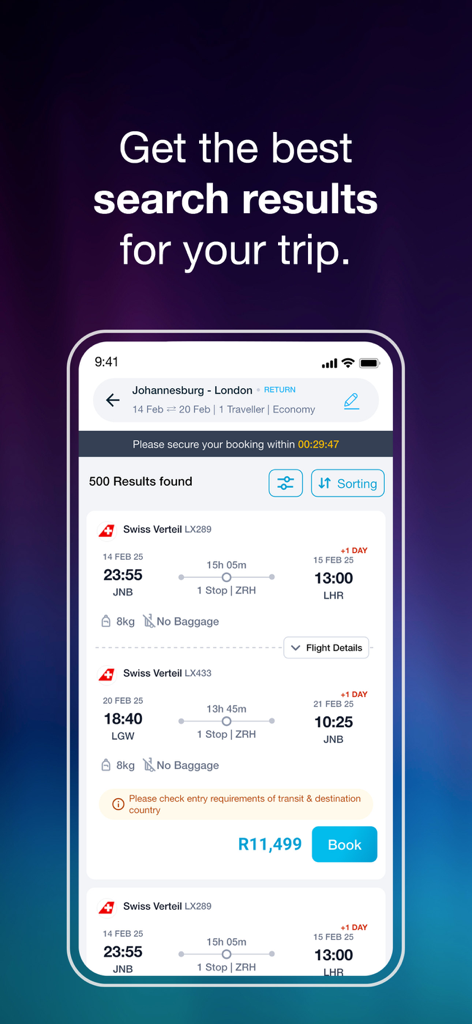 Travelstart: Flights & Hotels - Travelstart mobile app screen displaying flight search results from Johannesburg to London with airline options and prices.