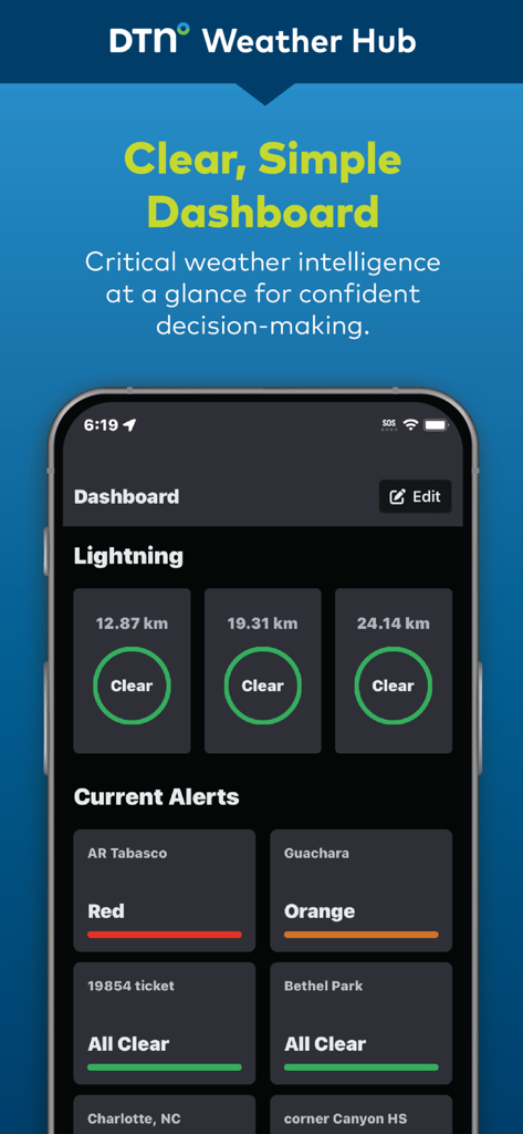 DTN Weather Hub - DTN Weather Hub mobile dashboard showing lightning status and critical weather alerts