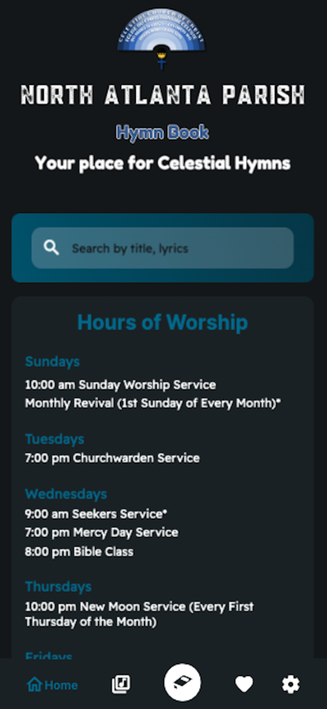 Home screen of the CCC NAP Hymns app featuring the North Atlanta Parish hours of worship and a hymn search bar.