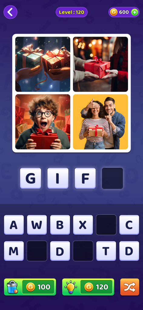 4 Pics 1 Word: Word Guess Game - A screenshot of the 4 Pics 1 Word mobile game displaying a gift themed puzzle level with four pictures of people sharing presents