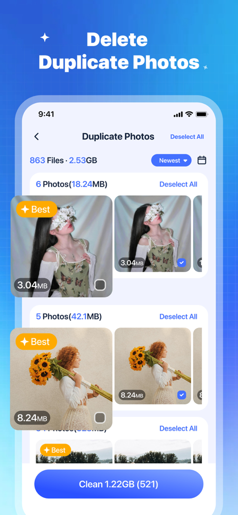 Fast Cleaner app interface showing duplicate photo detection and cleaning feature