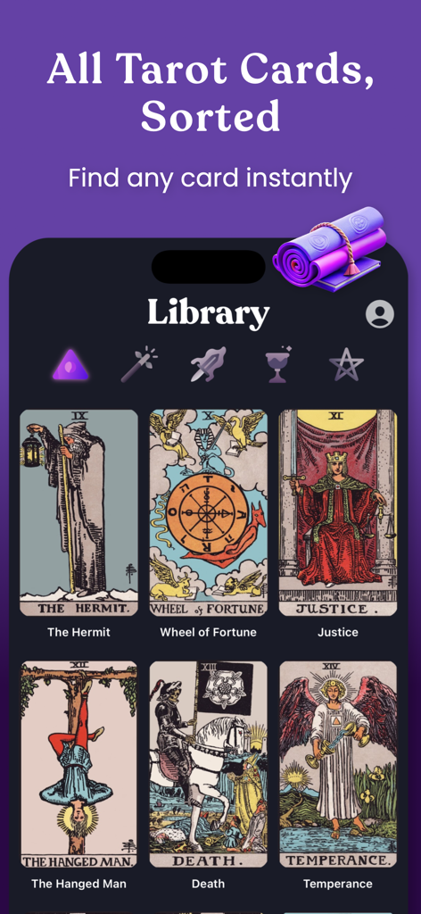 Library of all 78 tarot cards sorted by category in the app