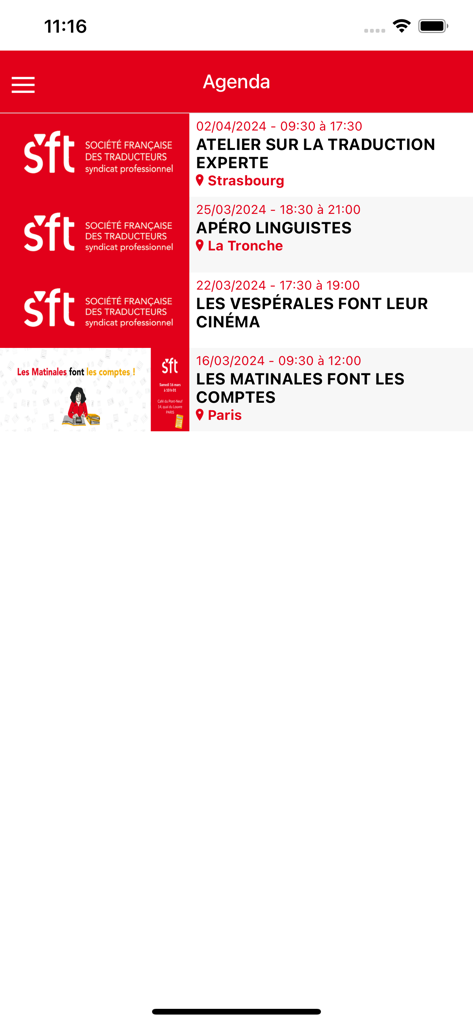 SFT - La pantalla de agenda de la aplicación SFT que muestra una lista de talleres profesionales y eventos de networking para traductores.