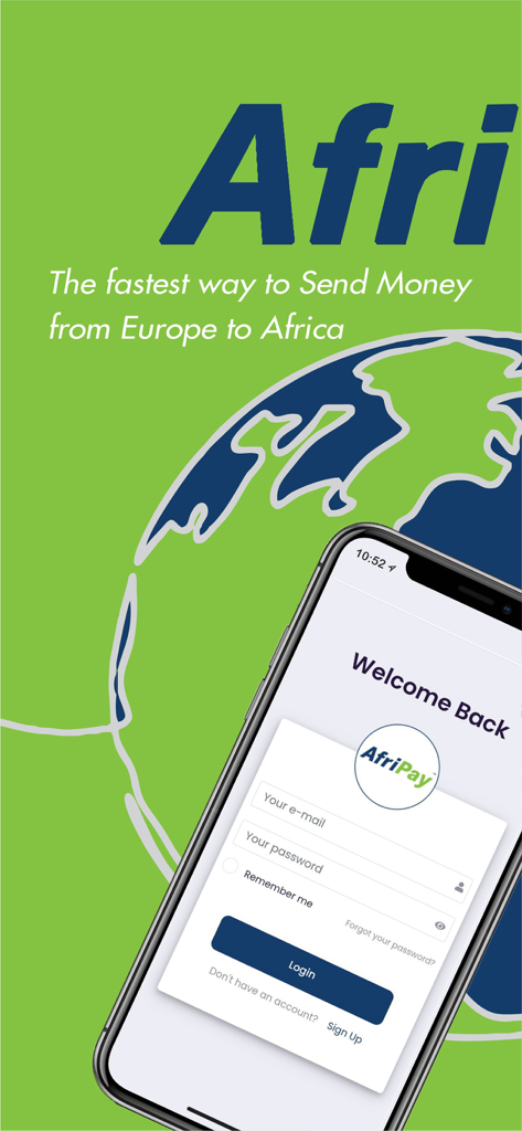 AfriPay mobile app login screen for sending money from Europe to Africa