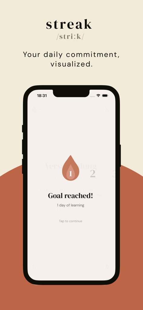 myw - Daily Vocabulary - La interfaz de la aplicación myw que muestra un logro de racha de aprendizaje de vocabulario diario de un día.