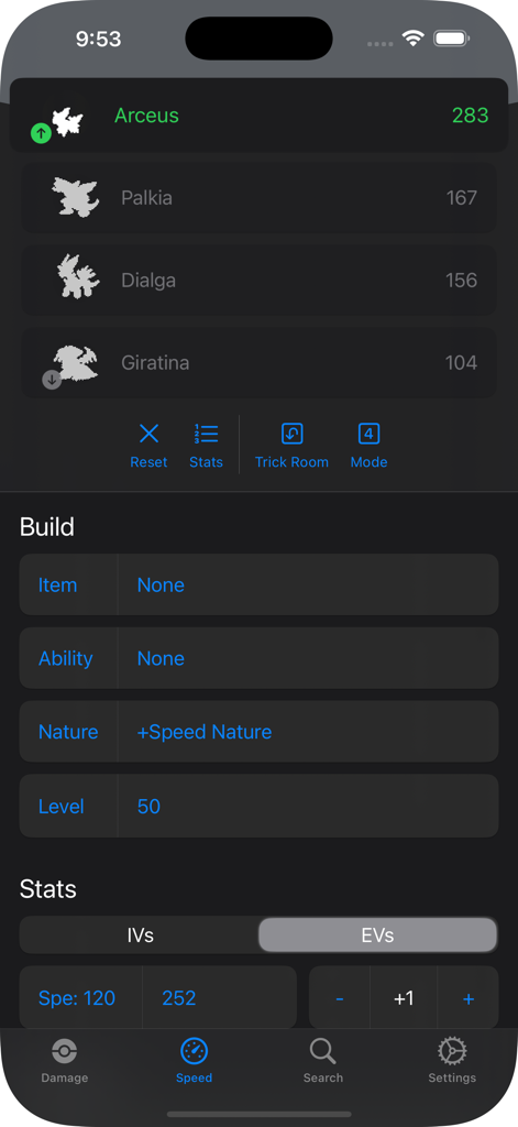 Damage Calculator - Speed calculator interface showing Arceus and other Pokemon with speed stats and nature modifiers