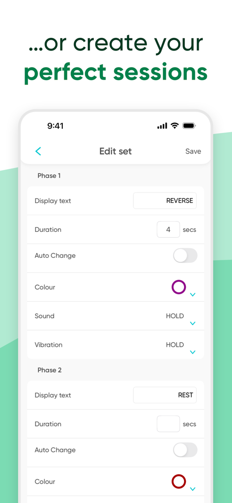 Kegel Trainer PFM Exercises - Interfaz para crear sesiones de ejercicio de Kegel personalizadas con configuraciones de duración, sonido y vibración