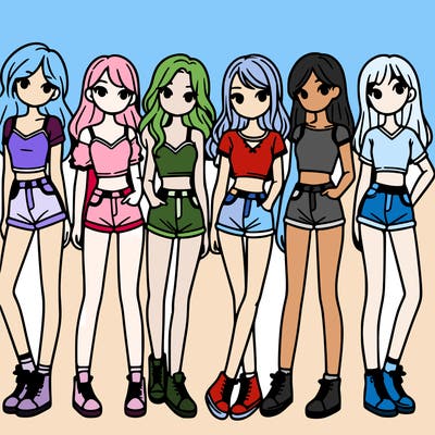 a group of girls wearing crop tops and shorts
