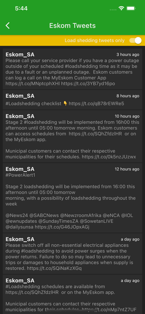 Load Shedding Notifier - Mobile screen showing official Eskom tweets and power outage updates within the Load Shedding Notifier app