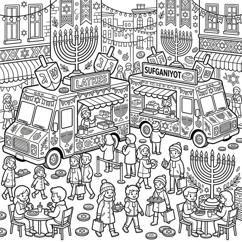 Dive into the joyous spirit of Hanukkah with this delightful coloring page featuring bustling food trucks. Celebrate the Festival of Lights by bringing vibrant colors to families enjoying latkes and sufganiyot in a lively street scene.