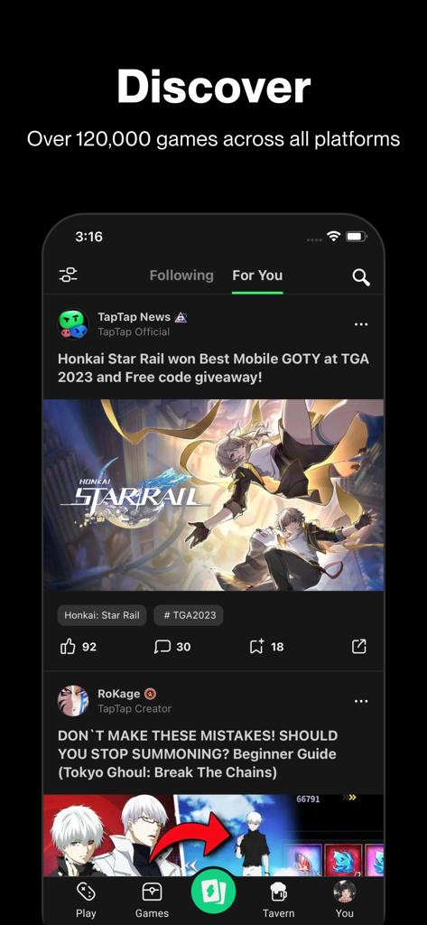 TapTap - TapTap app interface showing a personalized feed of mobile game news and community guides.