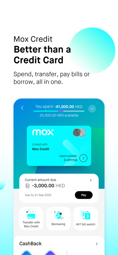 Mox Bank App Benutzeroberfläche mit Mox Credit Kartendetails und Finanzmanagement-Funktionen