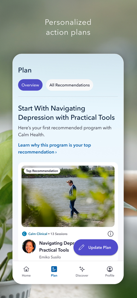 Calm Health - Bildschirm der Calm Health App mit einem personalisierten Aktionsplan für psychische Gesundheit und einem empfohlenen Programm zur Bewältigung von Depressionen