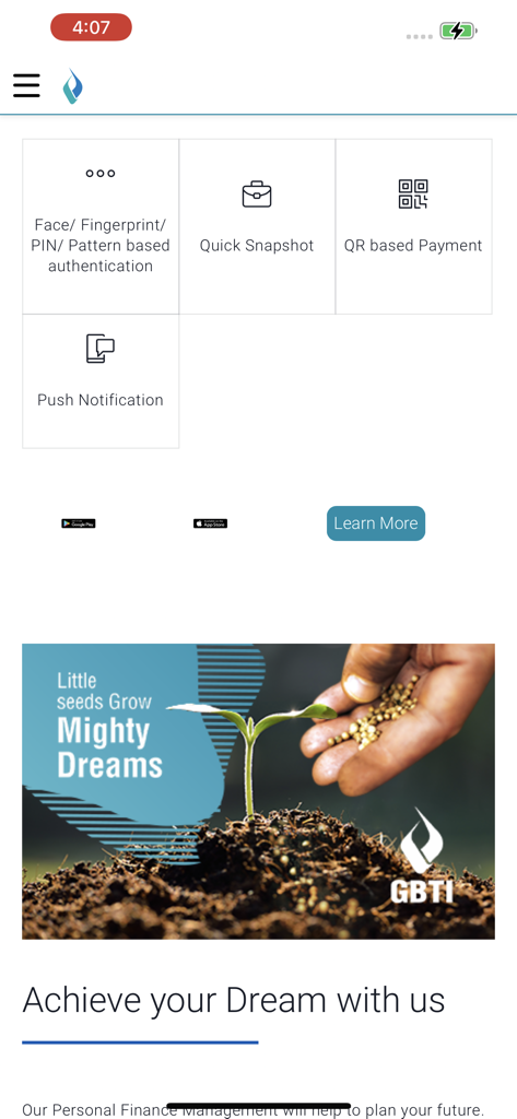 GBTI GO Banking app interface displaying authentication and payment features with an inspirational banner
