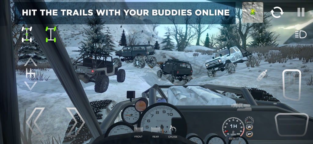 4x4 Mania - First-person cockpit view of off-road trucks driving on a snowy trail in online multiplayer mode