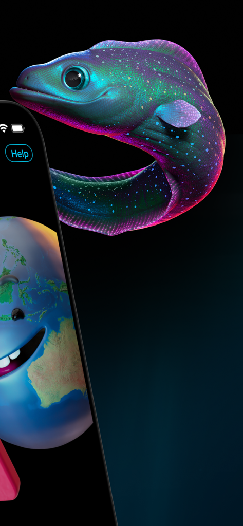 A vibrant 3D animated eel and a friendly globe character on a mobile screen from the Belong app interface.