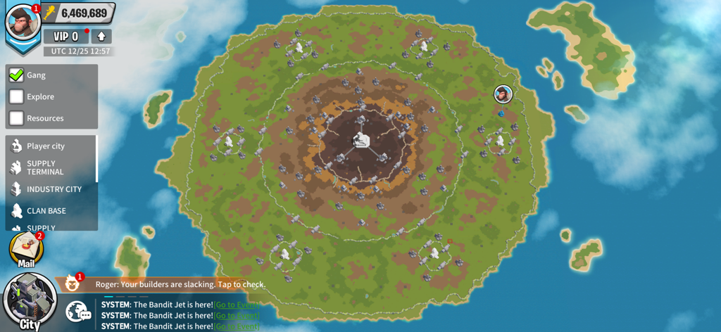 Overhead view of a circular island base and game interface in Age of Apes