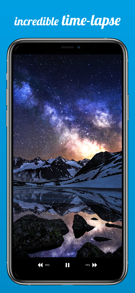 OSnap! Pro: Lapse & Motion - OSnap Proでプロフェッショナルな夜空のタイムラプスを表示しているスマートフォン