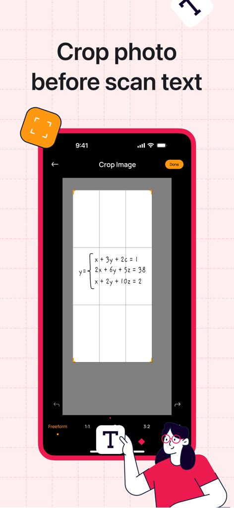 A mobile interface showing how to crop a math problem before scanning it with the AI resolve feature.