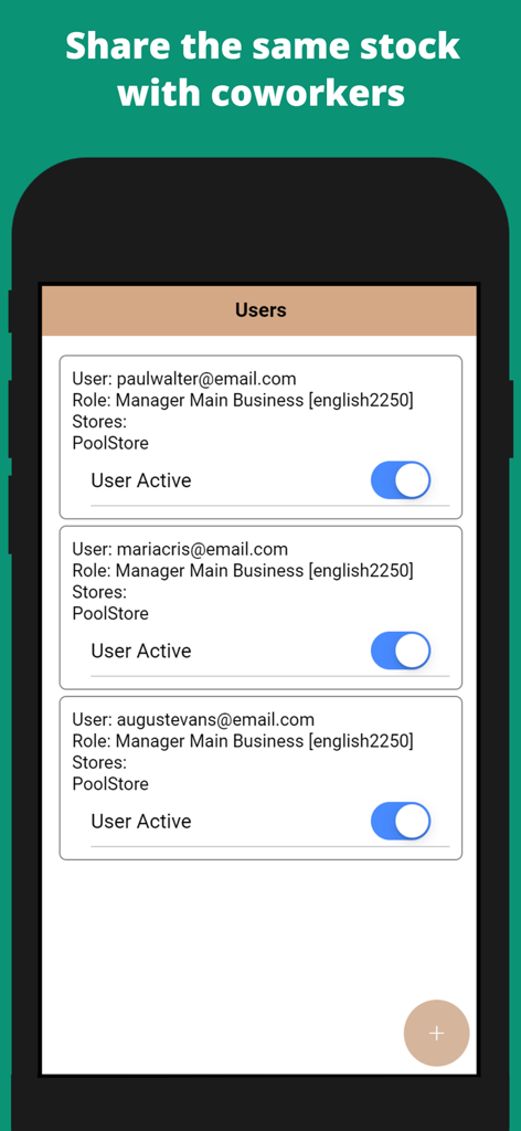 Stock Manager Online - User management screen in Stock Manager Online showing coworker accounts and active status toggles for sharing stock data.