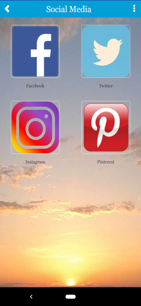 Social media sharing screen with icons for Facebook, Twitter, Instagram, and Pinterest on a sunset background.