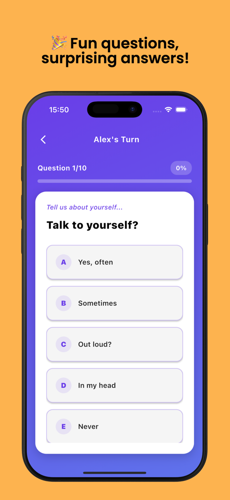 Quiz: How Well Do You Know Me? - Interfaz de una aplicación móvil que muestra una pregunta de quiz de personalidad sobre hablar consigo mismo con opciones de respuesta múltiple.
