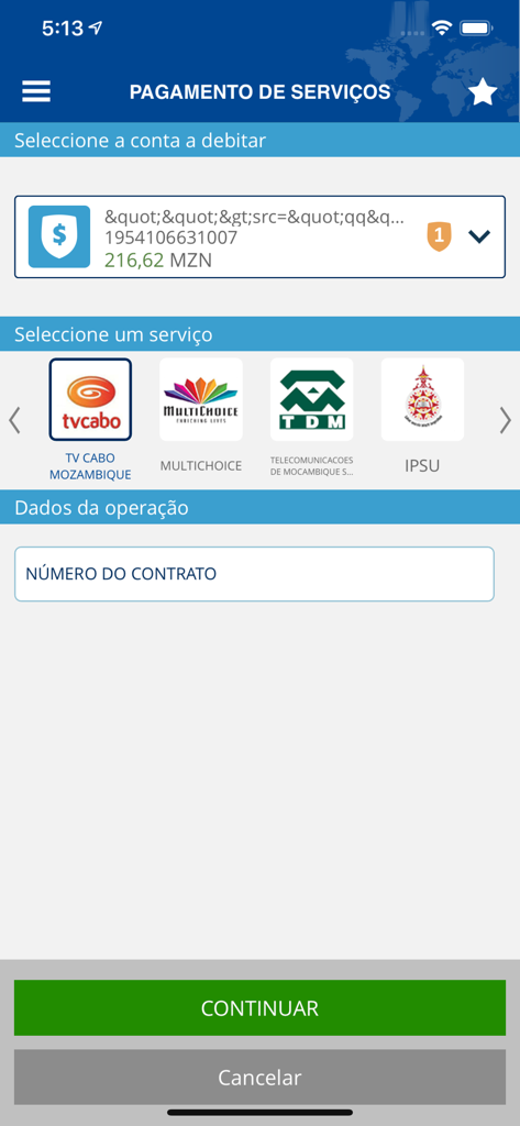 Schermata dell'app Standard Bank MZ NETPlus per il pagamento di servizi come TV Cabo e MultiChoice.