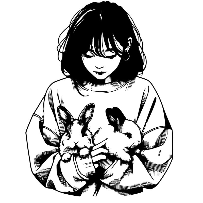 realistic girl with messy bunny baggy sweatshirt and holding bunnies