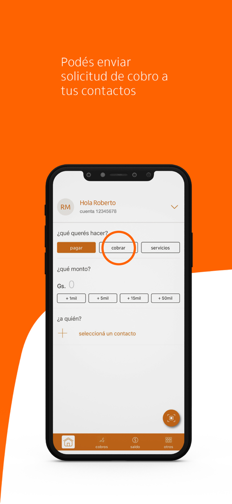 Itaú pagos PY - Schermata mobile dell'app Itaú pagos PY che mostra come richiedere pagamenti dai contatti.
