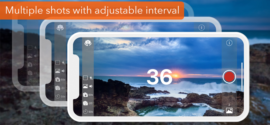 Self Timer - Multi shot photo - Interface de l'application Retardateur affichant un compte à rebours pour plusieurs prises de vue avec un intervalle réglable sur un magnifique coucher de soleil
