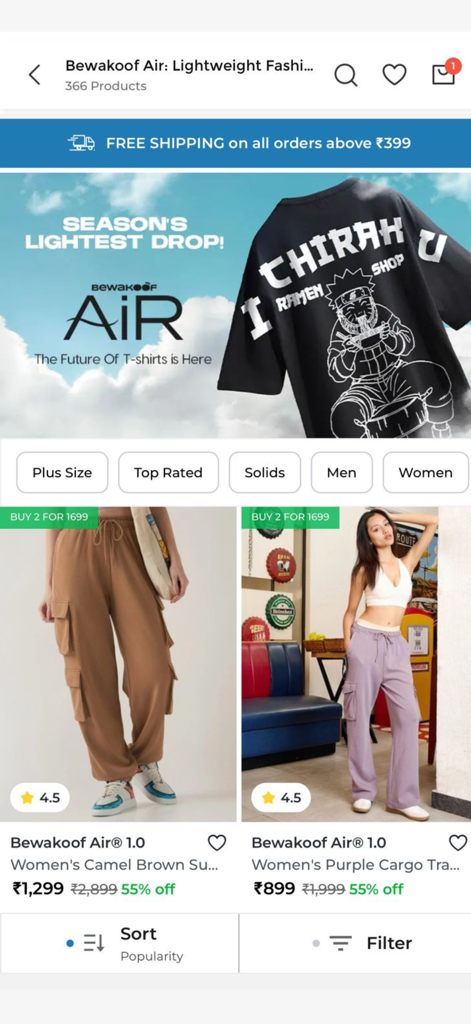 Bewakoof- Fashion Shopping App - Mobile app interface of Bewakoof fashion store featuring lightweight streetwear and women cargo trousers