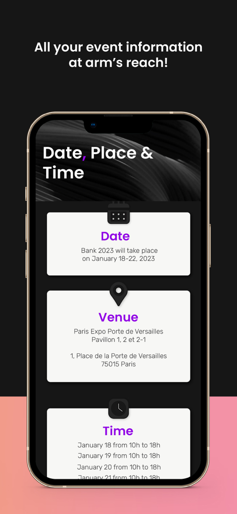 Eventmaker KeepTrack app screen displaying event dates and venue location