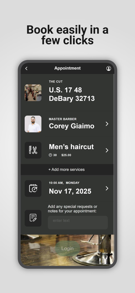 The Cut Barbershop - Appointment booking screen of The Cut Barbershop app showing barber and service selection