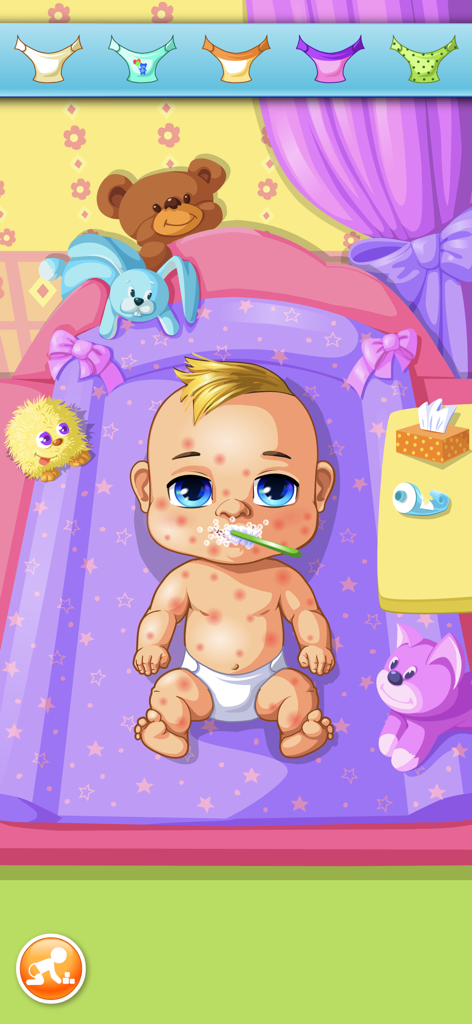 My Baby Care - Babysitter Game - A baby in a diaper brushing its teeth with foam in a colorful nursery surrounded by toys