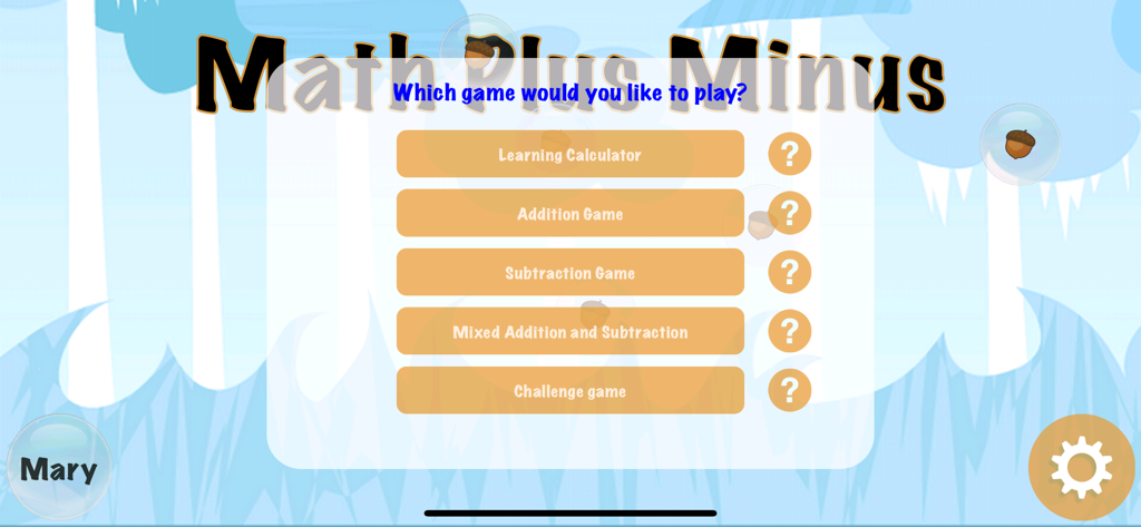 Maths Plus Minus - Arithmetic - Math Plus Minus 앱의 메인 메뉴 화면, 덧셈 및 뺄셈과 같은 다양한 게임 모드 표시