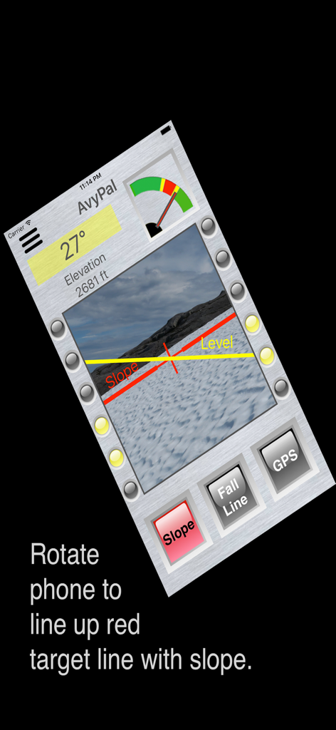 AvyPal - AvyPal mobile app interface showing slope mode measuring a 27 degree angle on a snowy mountain for avalanche safety